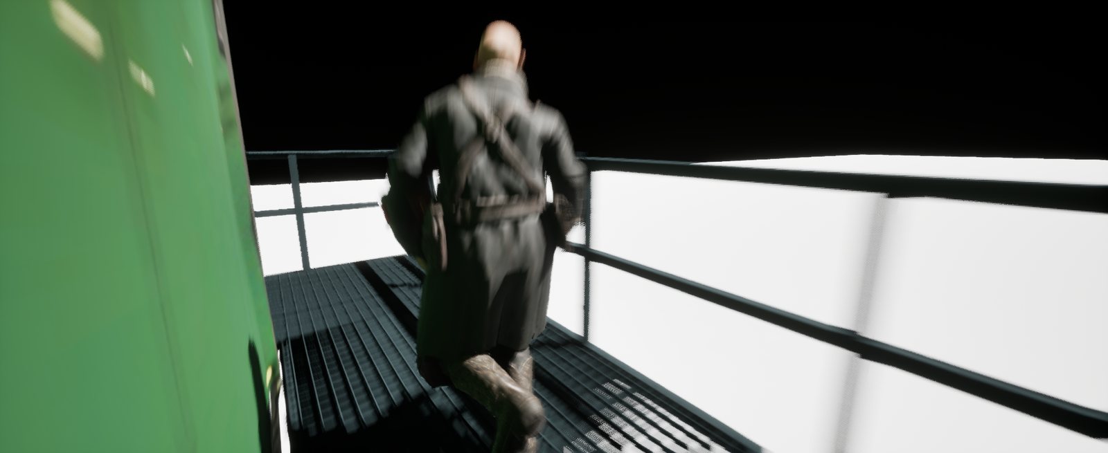 In engine screenshot: the player character walking the iron grating of the Drifter's stern deck beside the rail while the ship is under way