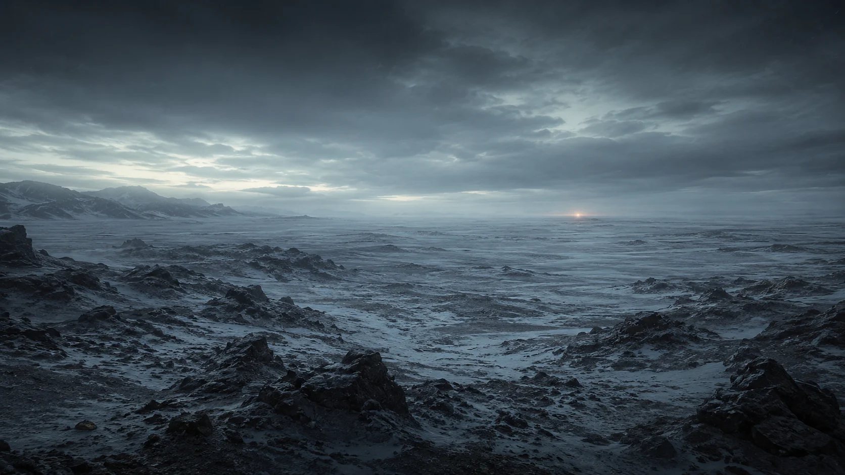 Concept art: a frozen, rocky landscape under a heavy storm sky with a faint ember of light on the horizon