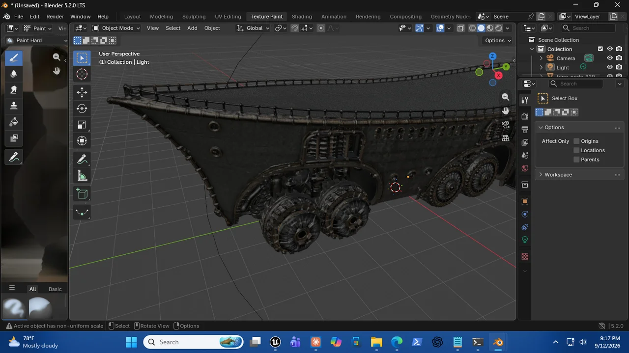 Blender 5.2 viewport showing the Grindwalker hull bow section in Texture Paint mode, wheel undercarriage visible, work still in progress