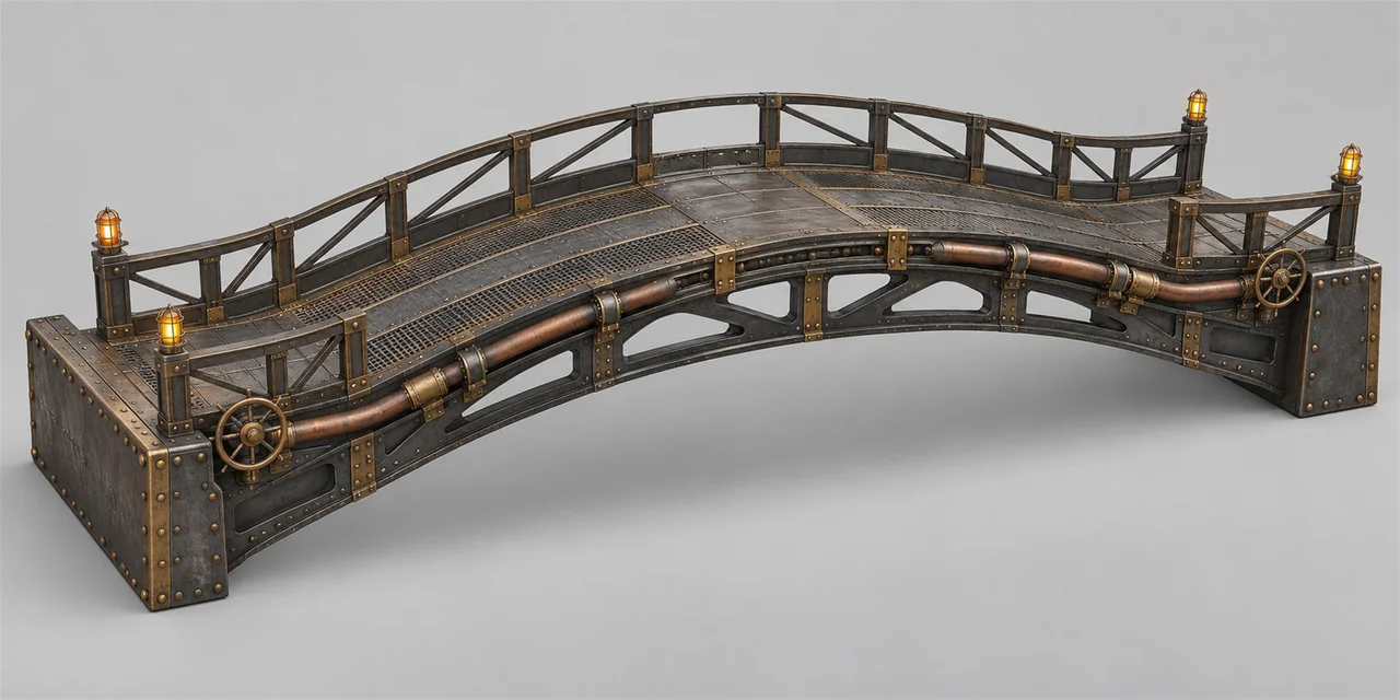 A curved steampunk service bridge segment with lanterns, brass fittings, and a copper pipe running along its length