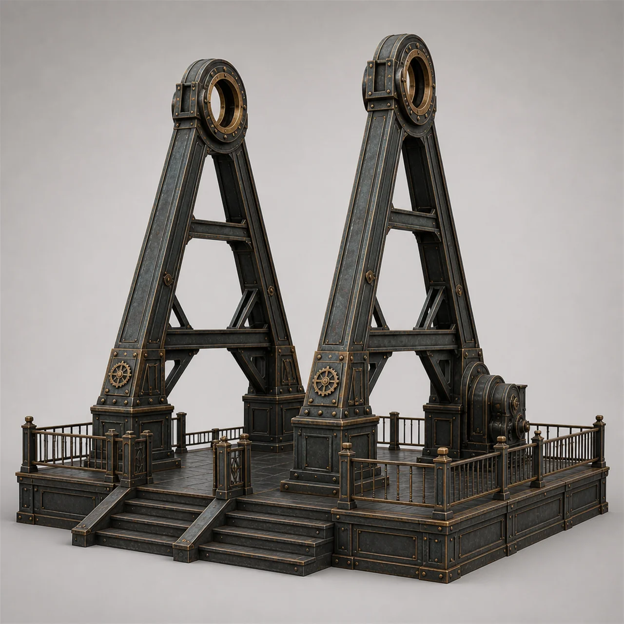 Twin A-frame support towers for a ferris wheel, brass and iron, with a viewing platform between them