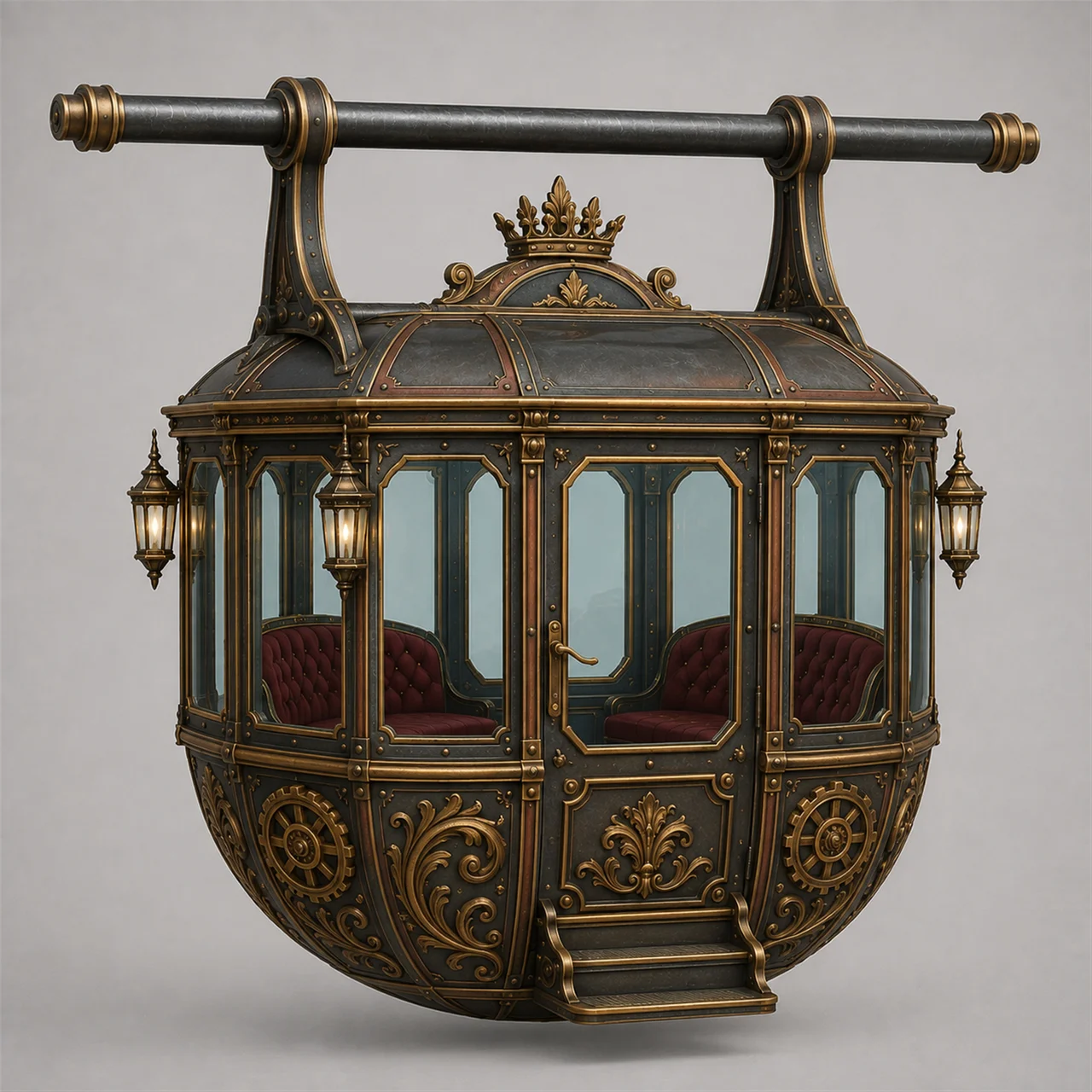 An ornate royal ferris wheel gondola with a crown cresting, glass windows, and red velvet seating