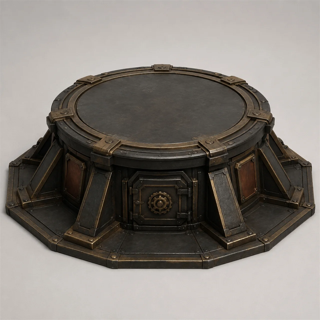 An octagonal armored turret foundation piece with a central gear hatch and copper access panels