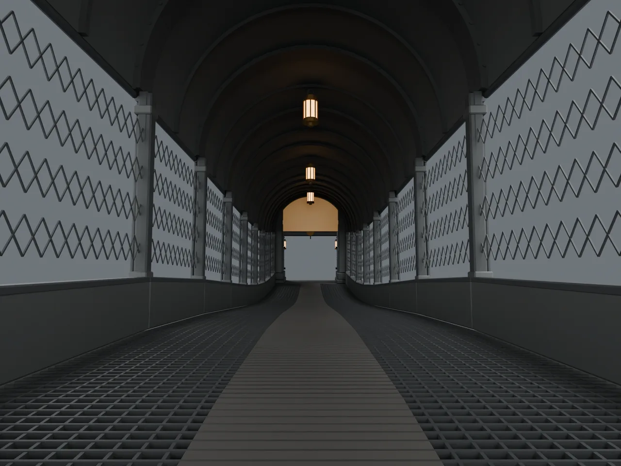 Render inside a covered crossing bridge: an arched iron roof, lattice walls, grated walkway and hanging lamps leading to a lit portal