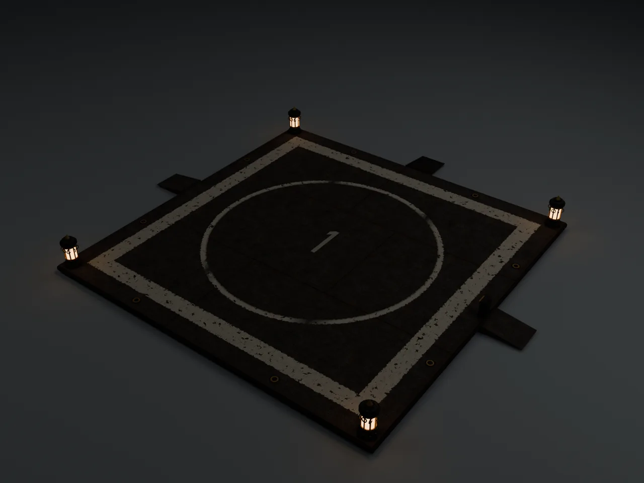 Render of a square iron landing pad marked with the number 1, a lamp glowing at each corner in twilight