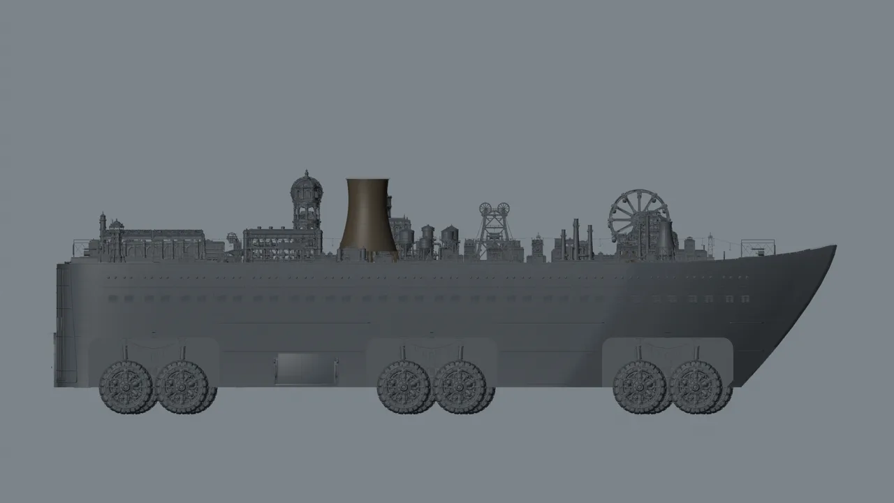 Grey clay render of the Grindwalker V18 from the port side, with its new cooling tower amidships