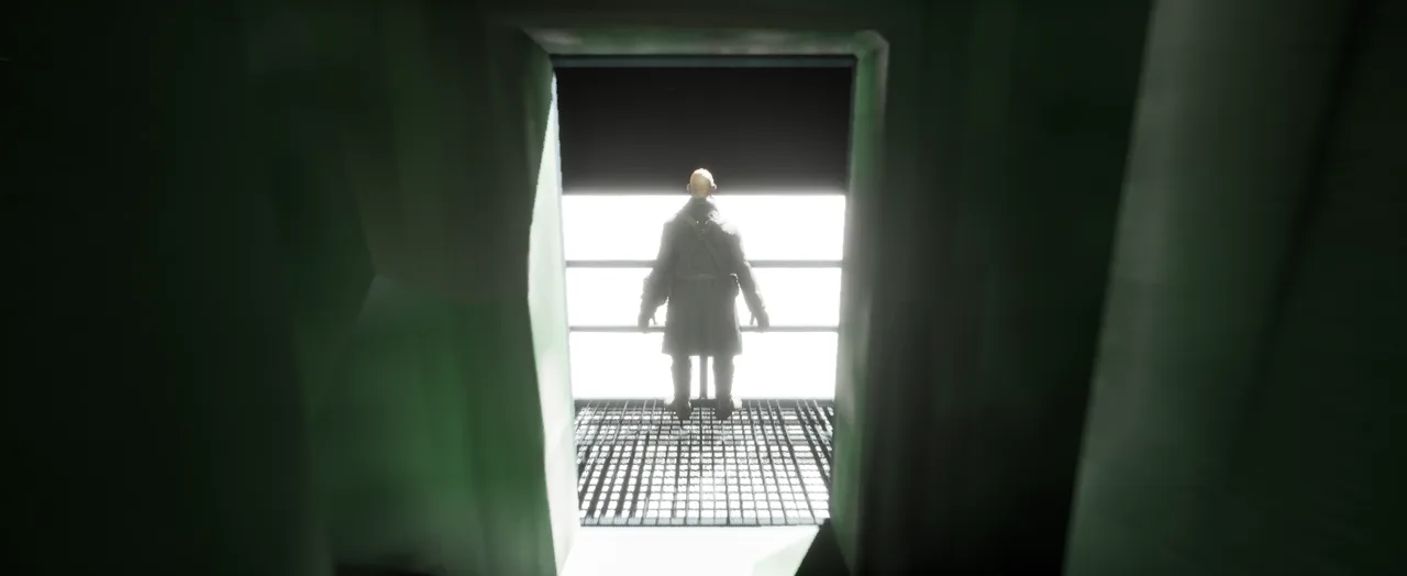In engine screenshot: the player character standing on the iron grating of the Drifter's stern deck, framed by a doorway