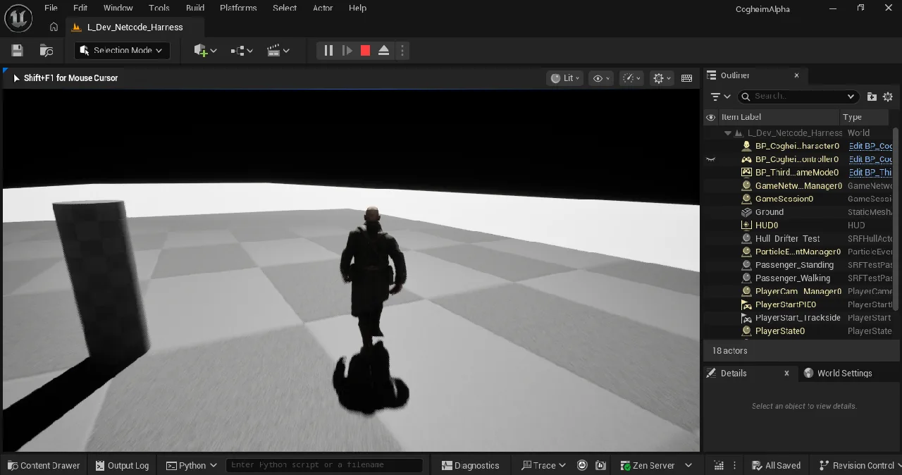 Unreal Editor screenshot of the netcode harness level: a player character standing on a moving test hull over a grey checker floor